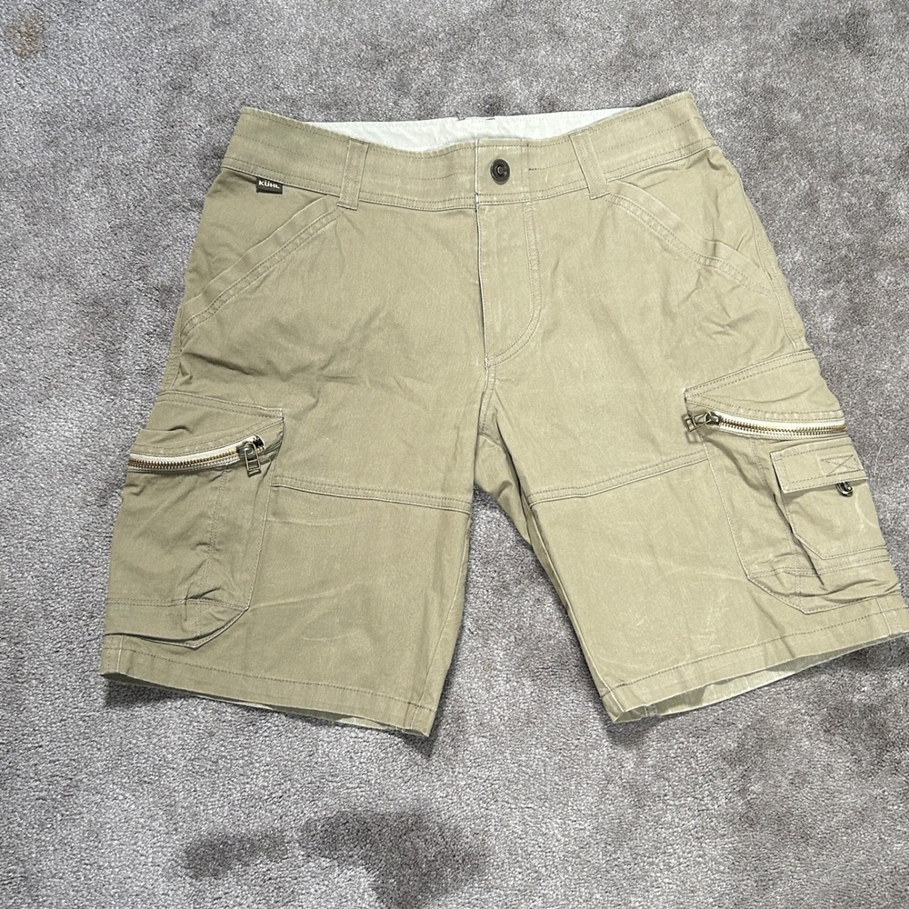 KUHL‎ Cargo Shorts Mens 31 Khaki Solid Vintage Patina Dye Hiking Outdoor Utility
